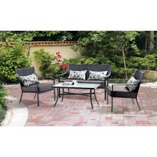 Mainstays Alexandra Square 4 Piece Patio Conversation Set Grey With Leaves Seats 4 Conversation Set Patio Outdoor Patio Set Patio Furniture Sets