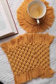 Macrame Coasters Crochet Cotton Table Placemats Woven Round Rectangle Cup Pads With Fringes Yellow Crochet Coasters Macrame Patterns Macrame Design