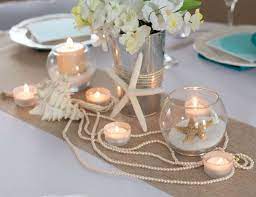 Sand Pearls And Starfish Wedding Beach Bliss Catch My Party Beach Wedding Candles Beach Table Decorations Beach Bridal Showers