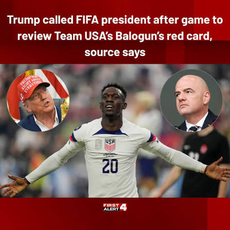 KMOV - President Trump called FIFA president Gianni Infantino after the game asking FIFA review the red card, according to a person familiar with the call who spoke on condition of anonymity