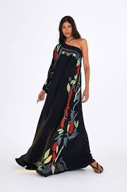 embroidered silk one shoulder dress black s in 2019