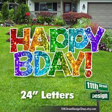 Sign gypsies works with you to create a custom yard greeting that's as special as your guest of honor. 24 Rainbow Faux Sparkle Happy Bday Yard Signs Outdoor Etsy In 2021 Outdoors Birthday Party Happy Birthday Yard Signs Birthday Yard Signs