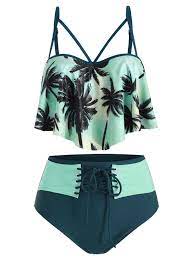 Tankini Swimsuits For Women Cute Designer Swimwear Lace Up Palm Tree Overlay Tankini Swimsuit Tankini Swimsuits For Women Trendy Swimsuits Tankini Swimsuits