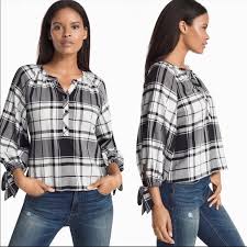 White House Black Market Plaid Tie Sleeve Blouse 0