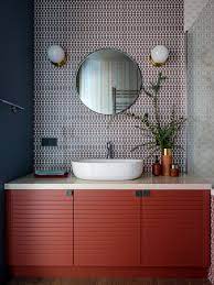 A double sink bathroom vanity with makeup table gives the space a further function. Red Bathroom Vanity Unit Awesome Decors