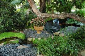 Miniature Waterfall And Stones Flower Pot Koi Pond Lily Pads Trees Meditation Garden Self Realization Fellowship Encinitas California Usa Meditation Garden Miniature Koi Pond Miniature Garden