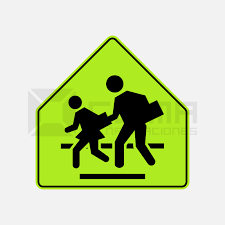 Manual de advertencias de tráfico: Primer plano de una señal de Cruce Escolar con niños cruzando y un auto deteniéndose.