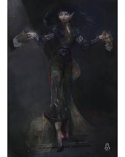 in time for spooky season, here is a necromancer #commission a female  novice necromancer who used her master's grimoire to conquer the land. I  contrasted a tight dress with wild untamed hair
