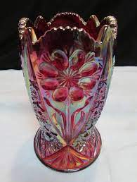 Vintage royal ruby red glass vases, stacked ring band pattern anchor hocking glassware. Imperial Sunset Ruby Red Carnival Glass Vase Flower 474 Floral Pattern Carnival Glass Cottage Floor Plans Antique Glassware
