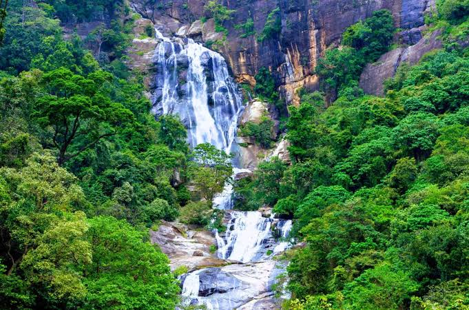 Ravana Falls wide curtain waterfall A23 highway Wellawaya to Ella Sri Lanka