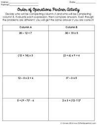 Order Of Operations Partner Activity Order Of Operations Evaluating Algebraic Expressions Algebraic Expressions
