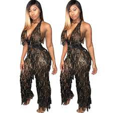 Muxu Fashion Sexy Transparent Black Sequin Fringe Jumpsuit Playsuits One Piece Deep V Bodysuit Sparkly Wide Leg Jumpsuit Body Aliexpress Women S Clothing