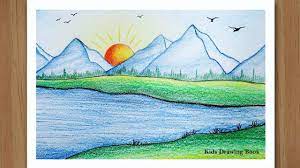 How To Draw Sunrise With Colored Pencils Step By Step - Mountain Scenery Drawing For Beginners - Youtube In 2021 Easy Scenery Drawing Drawings Drawing For Beginners