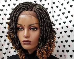 Handmade Box Braid Braided Lace Front Wig With Curly Ends Color 1b Black Braids With Curls Twist Braid Hairstyles Short Box Braids