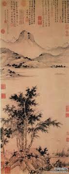 元 盛懋 秋江待渡图 此图以两段式深远构图法画近树繁茂 远山起伏 中间澄江如练 芦雁惊飞 风吹树杪 一派清秋气氛 岸上一年老儒者携书童坐地待渡 江中一舟载客摇橹而来 意境清幽 画法略近董源 chinese landscape painting chinese art painting chinese art