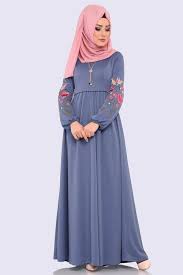 Modaselvim Elbise Kolu Nakisli Tesettur Elbise Pl834 Mavi Fashion Hijab