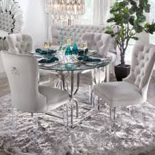 Z gallerie half oval glass and steel console table. Z Gallerie Charlotte Chair With Lucite Legs And Abagail Silver Metal Glass Dining Table Round Dining Room Luxury Dining Room Dining Room Decor