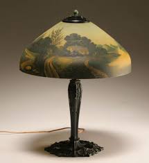 Antique Reverse Painted Table Lamp Typical Scene And Shape Of Shade Some Are Signed And Some Are Not Met Antique Lamp Shades Painting Lamps Glass Lamp Shade