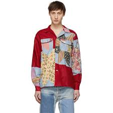 Buffed leather logo patch in black and eyelet vents at inner side. Bode Red And Off White Patchwork Havana Shirt Bode