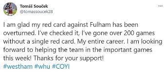 One of the most contentious calls dean oversaw was the red card to west ham star thomas soucek right at the end of the hammers' draw at fulham on saturday. Tomas Soucek S Controversial Red Card For Elbow On Fulham S Aleksandar Mitrovic Overturned Daily Mail Online