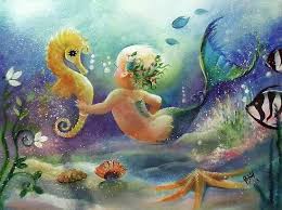Baby Seahorse And Mer Baby Mermaid Poster Mermaid Art Mermaid Painting
