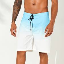 Mens Gradient Color Summer Beach Board Shorts Knee Length Drawstring Swim Short With Back Pocket