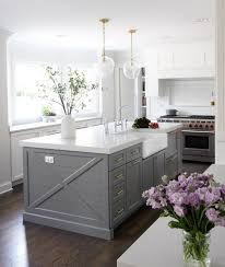 There's a subtle accent of light, romantic grey with the choice of flooring homedit had a light grey and white design up their sleeve as well. Beautifully Designed Gray Shiplap Center Island Is Accented With Brass Cabinet Pulls And A Farmhouse Kitchen Island Grey Kitchen Island Farmhouse Style Kitchen