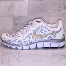 Black And White Leopard Print Tennis Shoes Bling White And Silver Cheetah Leopard Print Nike Free 5 0 V4 Swarovski Leopard Print Nikes Nike Free Shoes Nike Sneakers Outfit