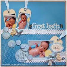 Scrapbook page layout ideas for a baby asleep might begin with a background of sheet fabric. My Scrapspiration Baby S First Bath Baby Boy Scrapbook Layouts Baby Girl Scrapbook Baby Scrapbook Pages