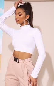 #fashion #crop top #fashion brand company. White High Neck Long Sleeve Crop Top Tops Prettylittlething Il