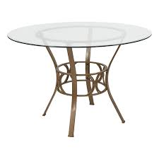 Round table top featuring beautiful birch veneers finished in a rich cherry Round 45 Inch Clear Glass Top Dining Table With Matte Gold Metal Frame Fastfurnishings Com