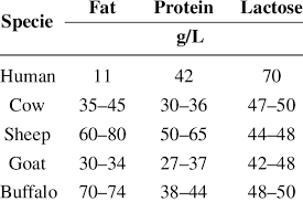 fat protein and lactose content in milk of different