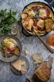 Creamy Baked Polenta With Eggs And Tomato Sauce Two Red Bowls Baked Polenta Brunch Recipes Vegetarian Recipes