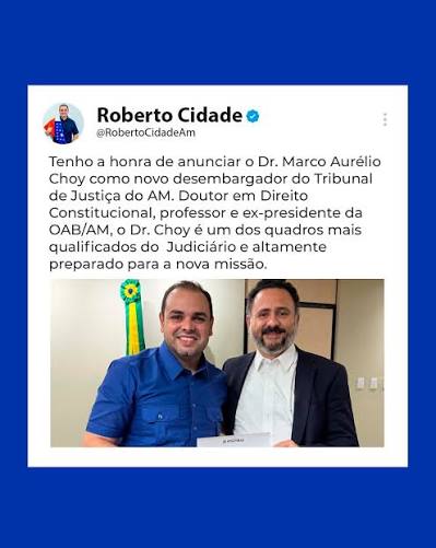 Tenho a honra de anunciar o Dr. Marco Aurélio Choy (@marco.choy) como novo  desembargador do Tribunal de Justiça do AM. Doutor em Direito  Constitucional, professor e ex-presidente da OAB/AM, o Dr. Choy