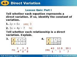 Y=k/x to find k, substitute in y=9 and x=12. 4 5 Direct Variation 4 5 Direct Warm