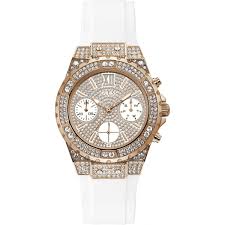 Achetez en toute confiance et sécurité sur ebay! Montre Guess Montres Gw0038l2 Boitier Acier Dore Rose Cistaux Swarovski Cadran Blanc Bracelet Silicone Blanc Sur Bijourama Montre Femme Pas Cher En Ligne