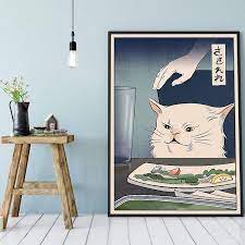 Swanlace Flower Poster Vintage Funny Smudge Cat Meme Poster Cat Art Print Cat And Wine Art Cat Wall Decor Cat Sign Woman Yelling At Cat White Cat Meme Art 12x18 Inch