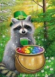 Raccoon St Patrick S Day Rainbow Pot Of Gold Fantasy Oe Aceo Print Art Raccoon Art Cross Paintings Animal Art
