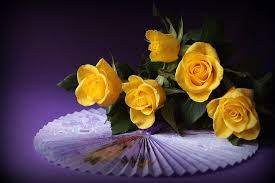 All content displayed in my gallery is copyrighted © suteishiijein. Hd Wallpaper Five Yellow Roses Fan Purple Background Bouquet Flower Nature Wallpaper Flare