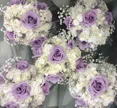 Lavender And White Bridesmaid S Bouquets With Hydrangea Roses Babies Breath And Pearl Accen Purple Wedding Bouquets Bridesmaid Bouquet White Wedding Bouquets
