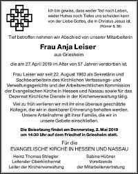 Traueranzeigen von Anja Leiser