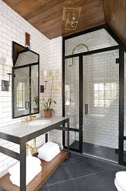 Contemporary 3 4 Bathroom With Console Sink High Ceiling Beltile White Subway Tile 3x6 Gloss Masculine Bathroom Design Small Bathroom Decor Bathrooms Remodel