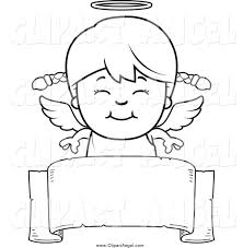 Hand drawn black and white cartoon cute minimalist angel line wings. Illustration Vector Cartoon Of A Black And White Happy Angel Girl Over A Blank Ribbon Banner By Cory Thoman 1235