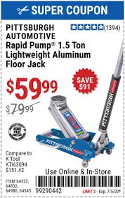 Inside track club membership, extended service plan, gift card, open box item, instant savings, compressors, floor jacks, power stations, safes, storage cabinets, chests or carts, trailers, welders. Pittsburgh 1 5 Ton Aluminum Rapid Pump Racing Floor Jack For 59 99 Harbor Freight Tools Harbor Freight Coupon Coupon Book