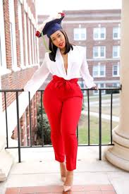 Graduation Outfit Idea For Plus Size Women Red Trouser And White Shirt Graduation Outfit Graduation Outfit College Graduation Dress College