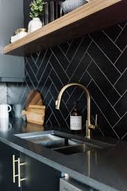 Black And Gold Kitchen Floor Tiles Kitchen Backsplash Herringbone Tile Black Tile Gold Faucet Home Decor Kitchen Kitchen Interior Interior Design Kitchen