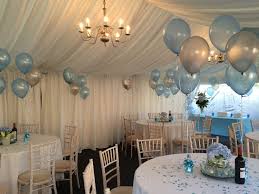 Complementary Floor And Table Balloon Decorations All Ready For The Christening Of A Lovely Baby Boy Baptism Party Boy Baptism Decorations Boy Baptism Party