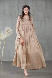 Linen Dress Maxi Dress In Champagne Winter Dress Pleated Etsy In 2021 Pleated Dress Linen Dress Winter Dresses
