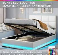 GARHELPER 140×200cm Lit Coffre Capitonné en Simili Cuir Blanc avec LED et  Sommier à Lattes, Tige Pneumatique, Lit double, Lit ado