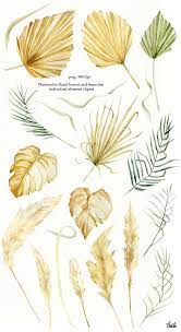 Watercolor Bohemian Floral Set Tropical Dried Palm Gold Leaves Etsy In 2021 Tropical Flowers Illustration Watercolor Leaves Illustration